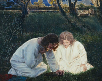 May include: A painting depicting two figures in white robes kneeling in a grassy field under a moonlit sky. The figures are looking down at something on the ground. The scene is reminiscent of a religious painting.