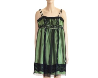 Olive Green Black Lace Dress, Vintage 90s, Size XS