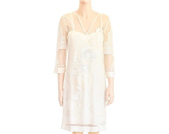 Yoana Baraschi Cream Silk Floral Dress, Vintage 90s, Size 2