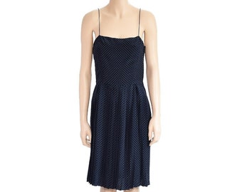 Calvin Klein Blue White Polka Dot Silk  Dress, Vintage 80s, Size 8