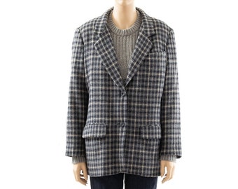 Eddie Bauer Blue Plaid Wool Blazer, Vintage 90s, Sz Petite M