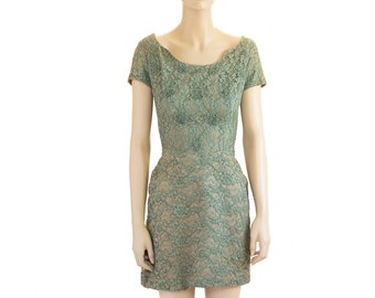 Norman Original Green Lace Floral Dress, Vintage 50s, Size S