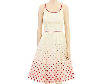 Cream Red Polka Dot Dress, Vintage 50s, Size Small