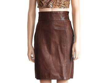 Calvin Klein High Waisted Brown Leather Skirt, Vintage 80s, Size 2