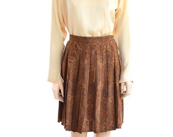 Calvin Klein Brown Paisley Silk Pleated Skirt, Vintage 80s, Sz 4