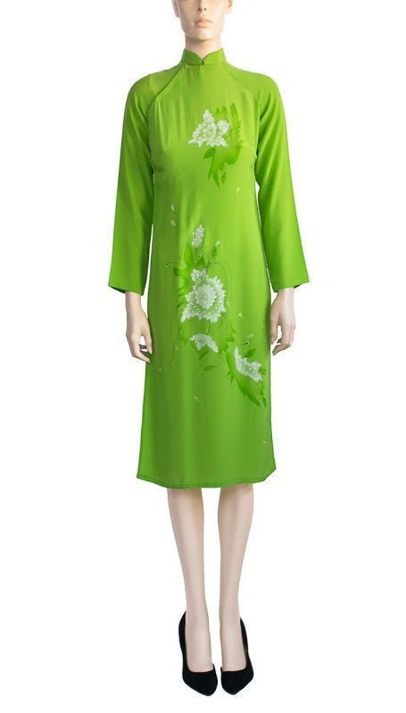 Vintage 1970s Dress 70s Lime Green Asian Floral Dr