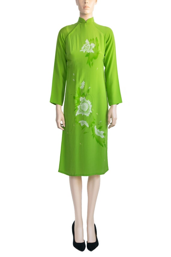 Lime Green White Floral Tunic Dress, Vintage 70s,… - image 1