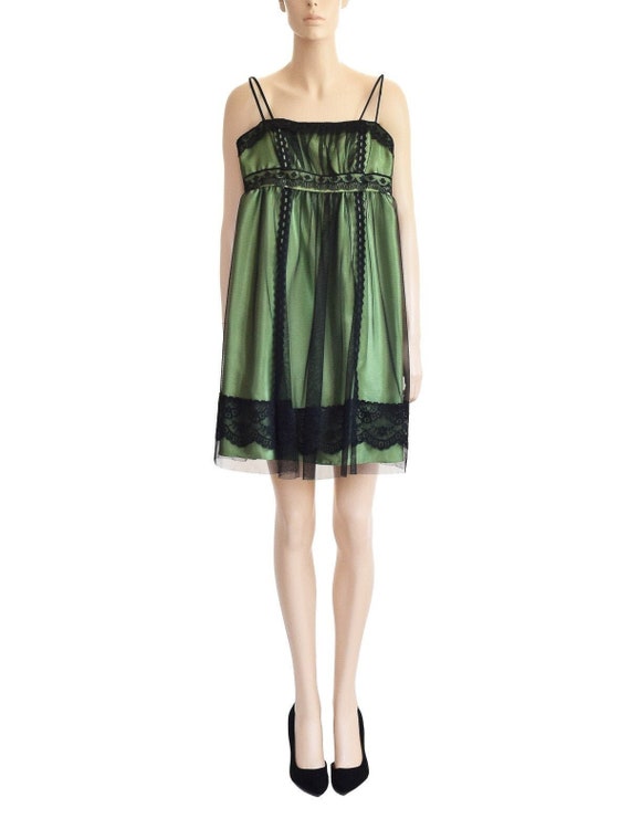 Olive Green Black Lace Dress, Vintage 90s, Size XS - image 1