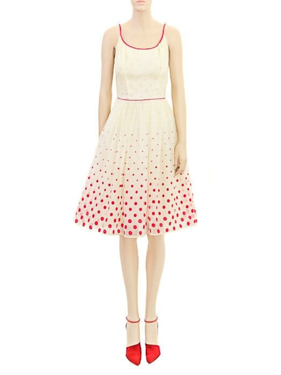 Cream Red Polka Dot Dress, Vintage 50s, Size Small