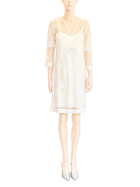 Yoana Baraschi Cream Silk Floral Dress, Vintage 9… - image 1