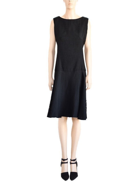 Black Beaded Shantung Silk Dress, Vintage 60s, Si… - image 1