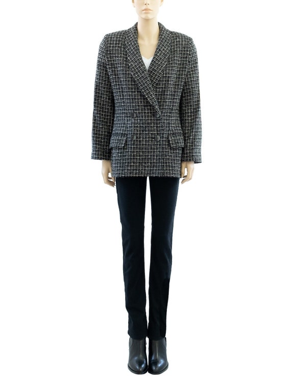 Black White Tweed Wool Blazer, Vintage 70s, Medium