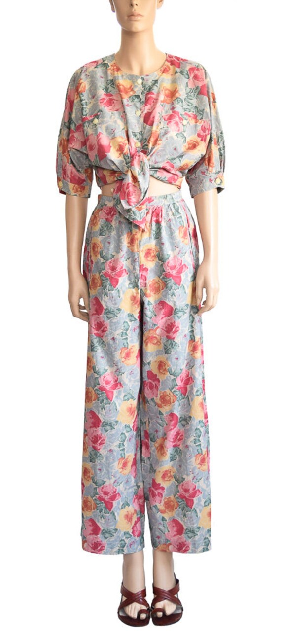 Vintage 1980s Pants, 80s Laurel Pink Floral Palazz
