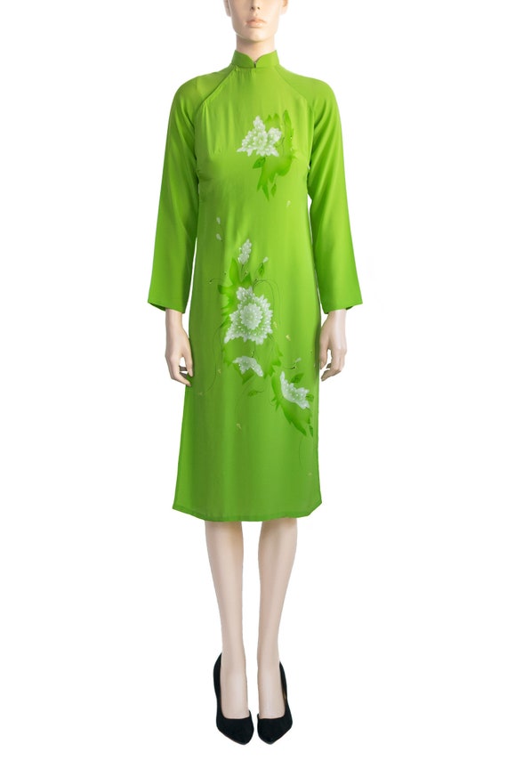 Vintage 1970s Dress 70s Lime Green Asian Floral Dr
