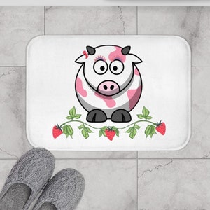 Strawberry Milk Cow Bath Mat,Flower Home Decor,Cute Bath Mat-Pink Cow Gift,Cow Themed Bathroom,Strawberry Milk Cow Bathroom Decor