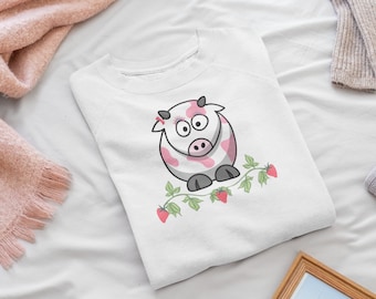 Strawberry Cow Sweater,Minimalist Sweater Strawberry Aesthetic -Fairycore Cute Strawberry Crewneck Berry Top,Trendy Crewneck Gift For Foodie
