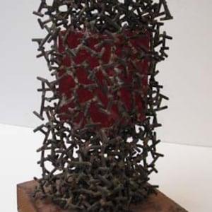 Mid-Century - Brutalist Manner. Brass and Glass Geometric Sculpture on Wood Base, Initialed and Dated 1970