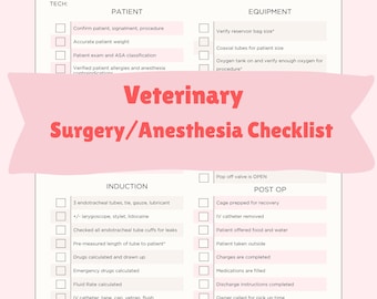Veterinary Surgery and Anesthesia Checklist | Vet Tech Printable | Surgery Prep Form | Anesthesia Equipment list | Vet Clinic PDF