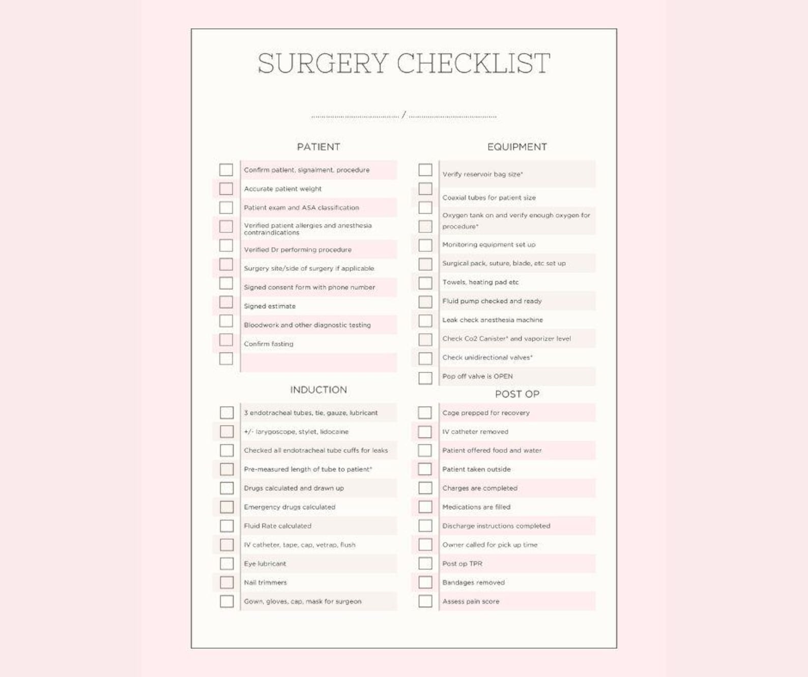Veterinary Surgery and Anesthesia Checklist | Vet Tech Printable ...