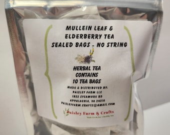 May include: A white bag with a label that reads "Mullein Leaf & Elderberry Tea, Sealed Bags - No String, Herbal Tea Contains 10 Tea Bags, Made & Distributed by: Paisley Farm LLC, 1852 Sycamore Rd, Appalachia, VA 24216, Paisleyfarm.crafts@gmail.com, Paisley Farm & Crafts, Made Fresh for a Healthy You". The bag contains 10 tea bags.