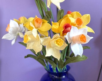 Felt Daffodil Stem: Handmade Wool Blend Faux Flower, March Birthday Gift
