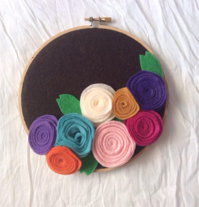 Hoop Art: Felt Flower Grouping on Emboidery Hoop Wall Hanging Multicolor and Colorful Florals on Dramatic Black Backdrop Housewarming