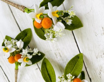 Felt Flower Bouquet, Mini Orange Sprig, Flower Bunch, Boutonniere, ONE sprig