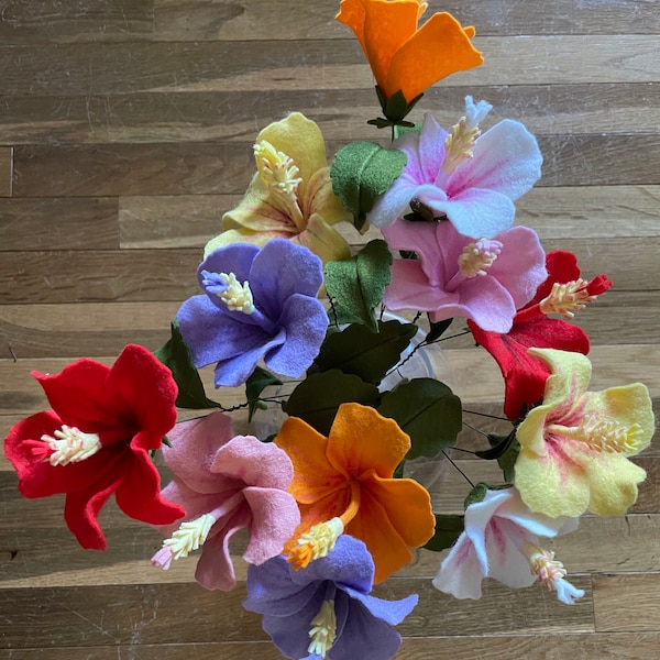 Felt Flower Stem: Hibiscus, Gumamela Tropical Flowers, Faux Flower, Artificial Flower for Bouquet, Wedding, Floral Arrangement, Gift