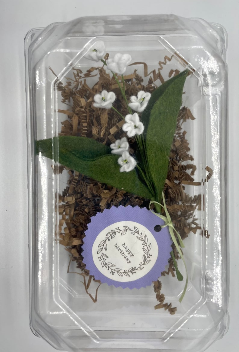 Peut inclure: Un petit bouquet de fleurs en feutre blanc avec des feuilles vertes dans un r&eacute;cipient en plastique transparent avec du papier d&eacute;chiquet&eacute; brun. Une &eacute;tiquette violette avec le texte "joyeux anniversaire" est attach&eacute;e au bouquet.