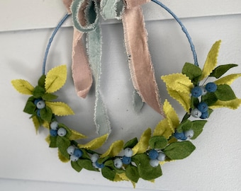 Felt Blueberry Wreath, Handmade Floral Door Hanger, 10 Inch