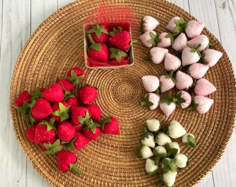 Felt Strawberries, Hand-sewn, Wool Blend, Pretend Play, Tiered Tray Decor, Photo Prop