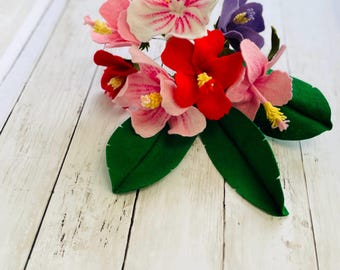 Felt Hibiscus Flower Bouquet: Tropical Arrangement, Wool Blend Leaves