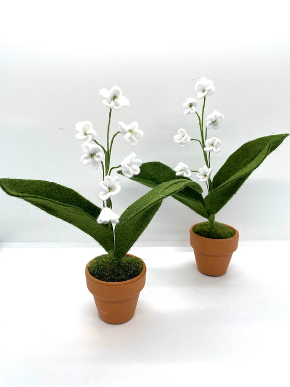 May Felt Flower Lily of the Valley, Birthday, Spring Flower, Mini Pot Bouquet Artificial Faux, Tiered Tray  Mantel Home Decor Hypoallergenic