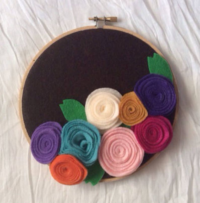 Hoop Art: Felt Flower Grouping on Emboidery Hoop Wall Hanging Multicolor and Colorful Florals on Dramatic Black Backdrop Housewarming