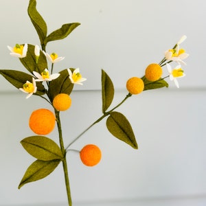 May include: A handmade felt orange blossom sprig with white flowers and orange felt fruit. The sprig is perfect for adding a touch of spring to your home decor.
