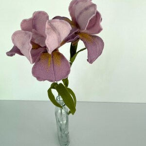 May include: Two purple felt iris flowers with yellow centers in a clear glass vase.
