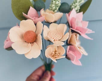 Felt Flower Bouquet: Peach & Pink Wool Blend Blossoms