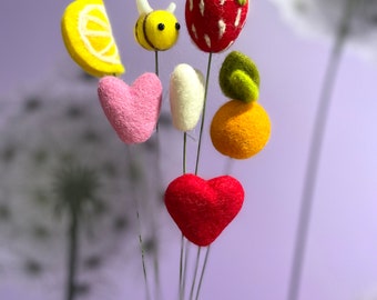 Felt Bouquet Add-On, Handmade Bee, Strawberry, Lemon, Hearts