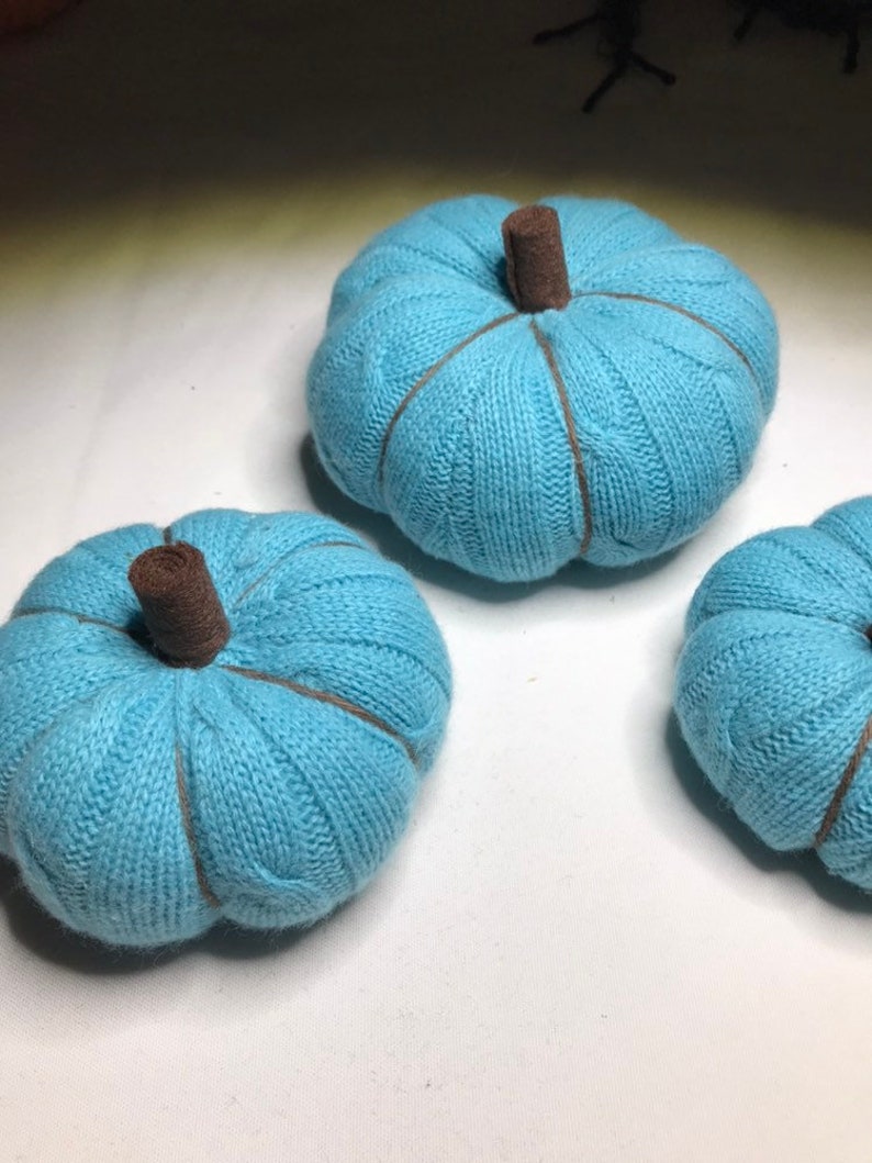 Set of 3 Upcycled Orange Sweater Pumpkins for your Fall Turquoise Color Autumn or Thanksgiving Decor