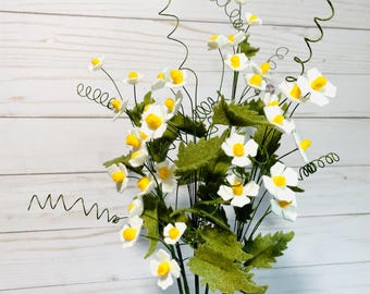 Felt Wildflower Stem, Handmade White Faux Flower
