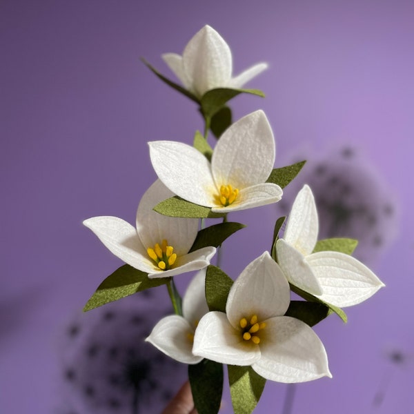 Felt Trillium Flower Stem: Handmade White Faux Floral