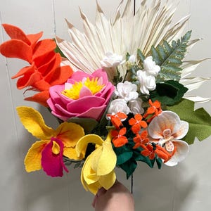 Ready to Ship, Faux Flower Bouquet, Felt Flower Bouquet, Tropical Flowers, Orchids, Ginger, Dried Palm Leaf, Mixed Flowers Bouquet