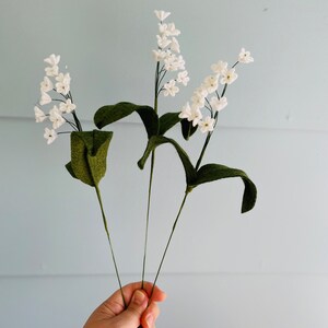 Peut inclure: Trois tiges de fleurs en feutre blanc avec des feuilles en feutre vert. Les fleurs sont dispos&eacute;es en bouquet et tenues dans une main.