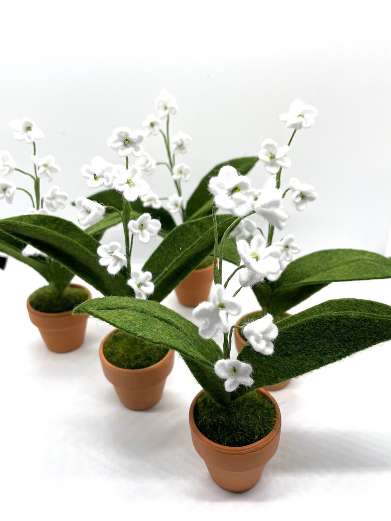 Peut inclure: Quatre petites plantes en pot avec des fleurs blanches en feutre et des feuilles vertes en feutre. Les pots sont en terre cuite.