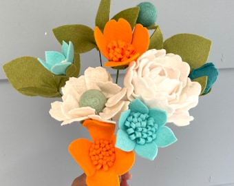 Felt Flower Bouquet: Turquoise and Orange Wool Blend Flowers