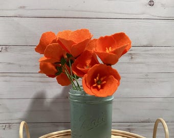 Felt California Poppy Stem: Handmade Wool Blend, Bud Vase Flower
