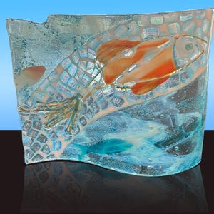 Fused Glass Ocean Ghost Art Panel – Iridescent Fish Sculpture – Coastal Decor, One of a Kind Tabletop Art, Ancient Sea Relic Style