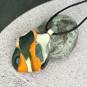 Handmade Fused Glass Pendant Necklace: Abstract Orange Teal Design
