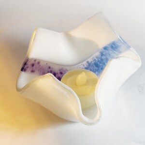 Fused Glass Candle Holder – White and Purple-Blue Swirl Ruffle Votive | Handmade Glass Tealight Bowl | Unique Gift & Home Decor Accent