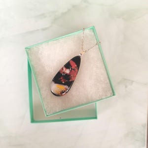 Handmade Teardrop Glass Pendant Necklace: Floral Design, 22&quot; Silver Chain